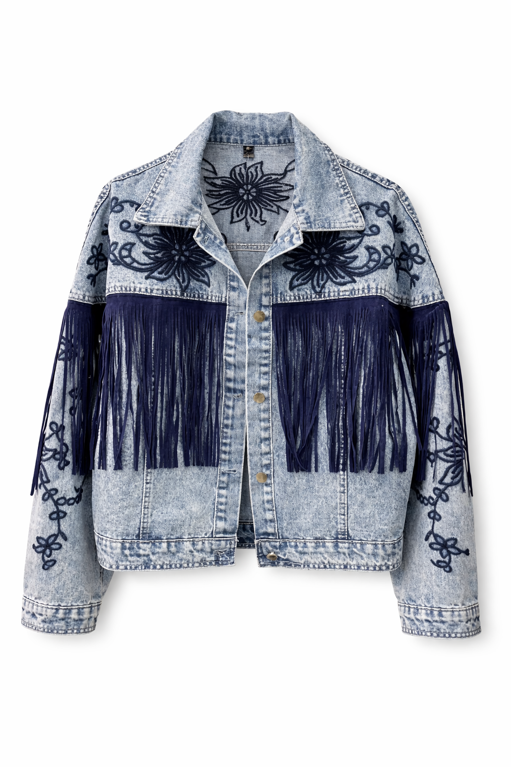 Chaqueta Denim Bordada con Flecos Azul – Estilo Western Boho para Mujer