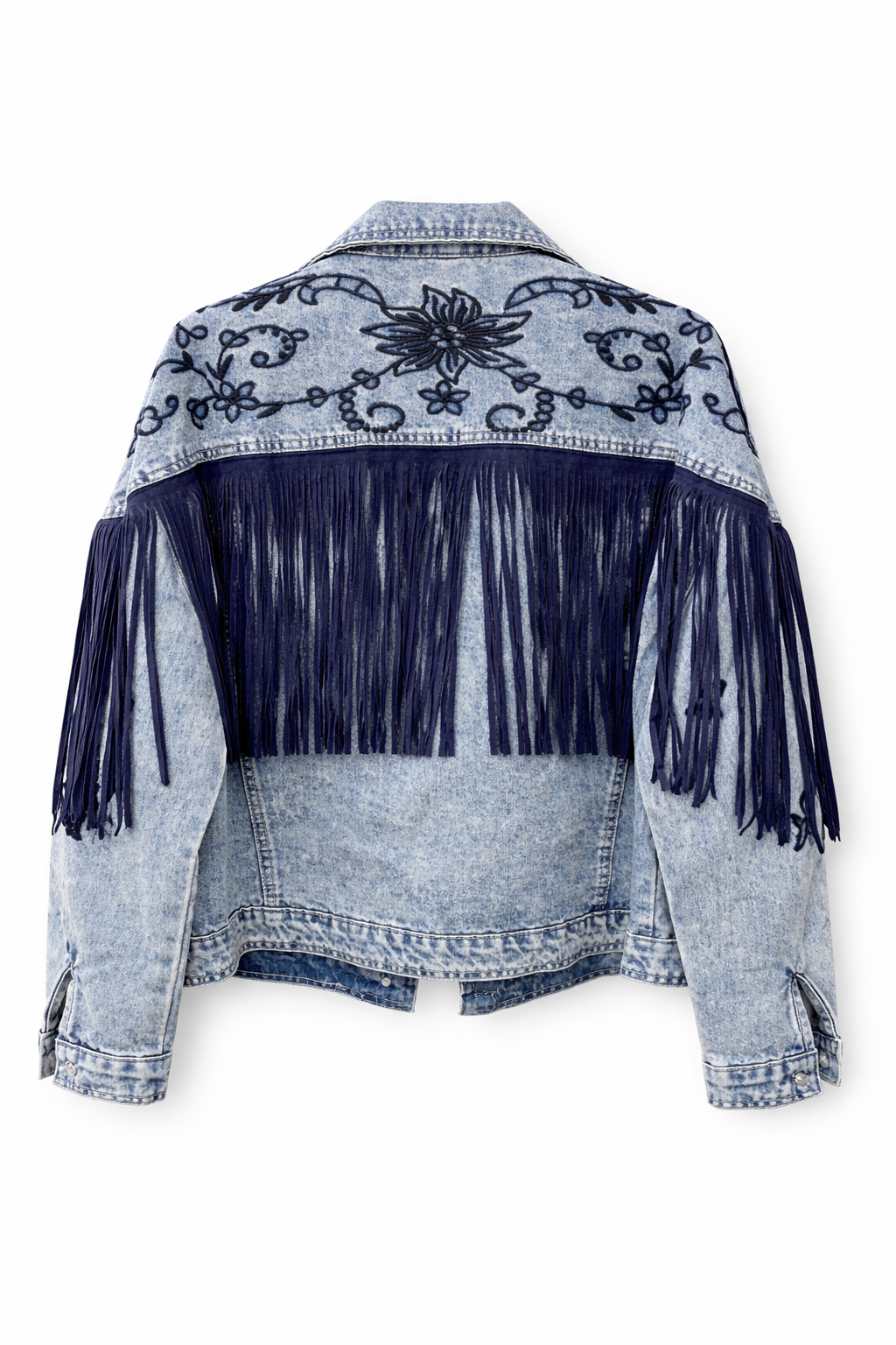 Chaqueta Denim Bordada con Flecos Azul – Estilo Western Boho para Mujer